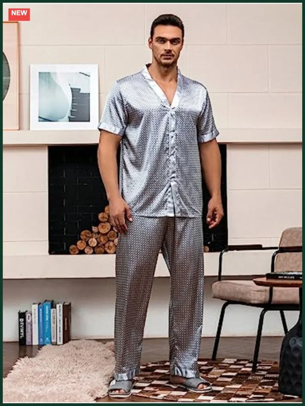 Men's 2-Piece Geo Print Satin Pajama Set Short Sleeve Button Down Sleepshirt